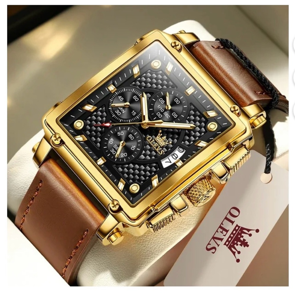 Men's Gold-Tone Square Chronograph Watch with Brown Leather Strap